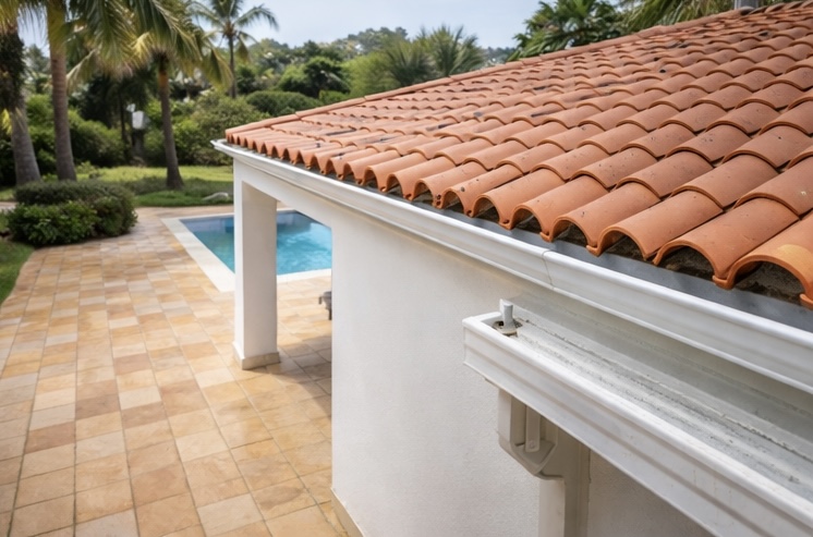 After: Blocked gutter before and after clearing at an Algarve property