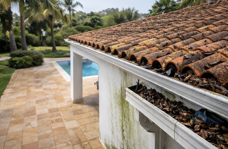 Before: Blocked gutter before and after clearing at an Algarve property